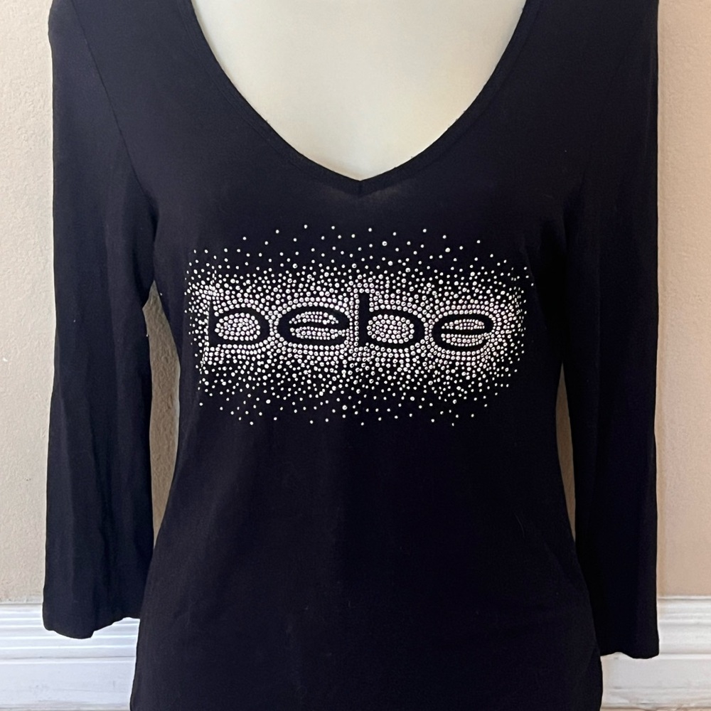 bebe Black Long Sleeve V-Neck Top with Crystal Logo